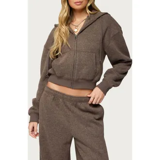 Edikted Laulie Crop Zip Hoodie in Brown at Nordstrom, Size X-Large