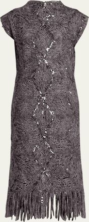 Brunello Cucinelli Frosty Sequined Wool-Cashmere Fringe Midi Dress