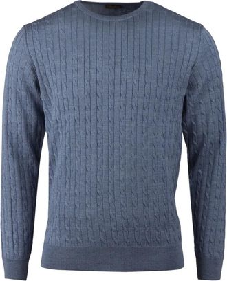 Stenstr&ouml;ms Kabel Gebreide Trui met Ronde Hals - Heren - Ronde hals truien - Blauw - 3XL - Wol - Truien & Vesten