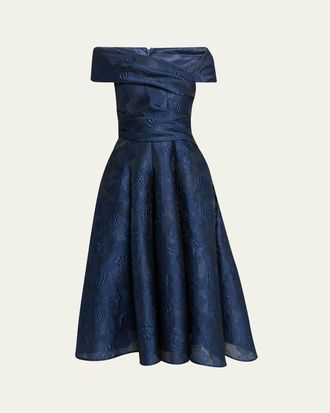 Talbot Runhof Off-Shoulder Jacquard Dress with Pockets