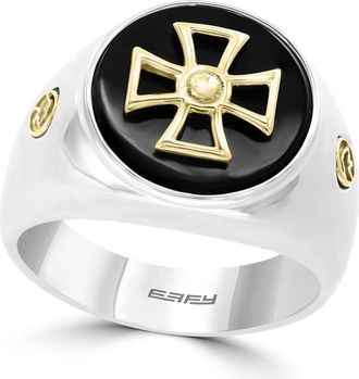 Effy Sterling Silver & 18K Gold Onyx Cross Signet Ring in Black at Nordstrom Rack, Size 10