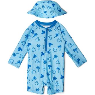 Disney Mickey Mouse Baby Boys Swimwear One Piece Sunsuit and Hat Set in Light Blue Mickey at Nordstrom, Size 24M