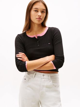 Tommy Jeans Langarmshirt TOMMY JEANS TJW SLIM SH IRREGULAR RIB LS, Damen, Gr. XL (42), schwarz, Single Jersey, Obermaterial: 95% Baumwolle, 5% Elasthan, unifarben