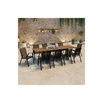IDMarket Moorea Conjunto De Muebles De Jard&iacute;n Extensible Mesa Efecto Madera 135/270 Cm Y 12 Sillas Apilables Negro Y Madera