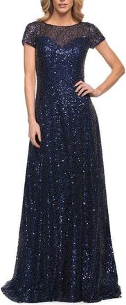 La Femme Stunning Beaded Gown with Short Sleeves in Navy at Nordstrom, Size 18