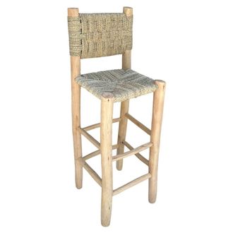 NATYAL Taburete alto de bar de madera y fibra natural con respaldo 75cm
