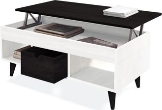 HOGAR 24 Mesa Centro Elevable Madera Cajón Deslizante Color Blanco y Negro