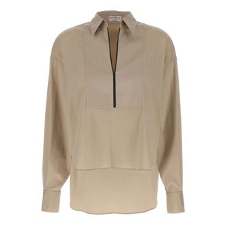 Brunello Cucinelli Overhemden, Dames, Beige, S, Katoen, V-Neck Shirt Monile