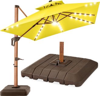 Best Choice Products 10ft Square Woodgrain Pattern 2-Tier Outdoor Solar LED Cantilever Umbrella w/ Base