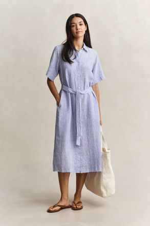 GANT Hemdblusenkleid GANT STRIPED LINEN, Damen, Gr. 36, N-Gr, royal blau, Web, Obermaterial: 100% Leinen, gestreift, regular fit wadenlang, Rundhals, einge