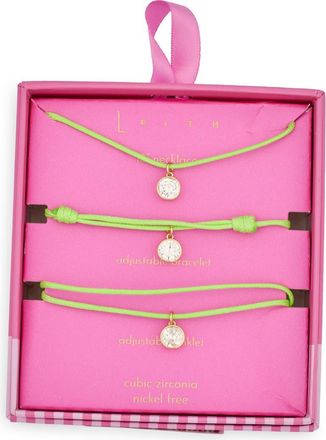 Leith Cubic Zirconia Cord Necklace, Bracelet & Anklet Set in Neon Green- Clear- Gold at Nordstrom Rack