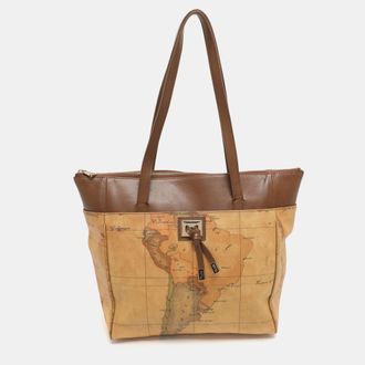 Alviero Martini 1A Classe Tan/brown Geo Print Coated Canvas And Leather Tote