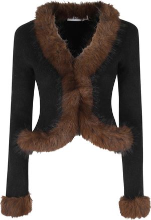 Self Portrait Deep V-Neck Cardigan With Faux Fur Detailing