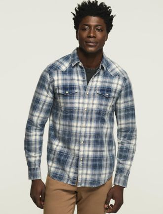 Lucky Brand Mens Indigo Plaid Western Shirt