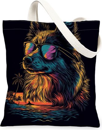 Generic Summer Shetland Sheepdog Dog Canvas Tote Bag for Shopping 13x15, Cool Beach Coastal Puppy Reusable Grocery Print Pattern Bag for Women, Retro Pet Beac