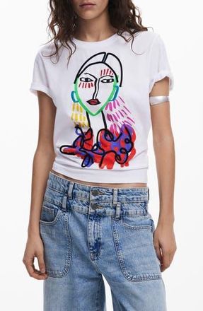 Desigual Embroidered Face Graphic T-Shirt in White at Nordstrom Rack, Size Large