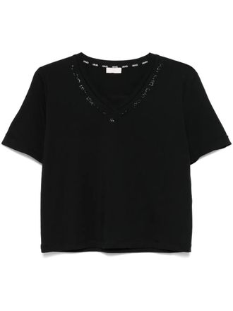 Liu Jo crystal-embellished logo T-shirt - women - Cotton - S - Black