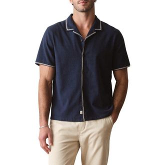 Marine Layer Embroidered Slub Cotton Camp Shirt in India Ink at Nordstrom, Size X-Large