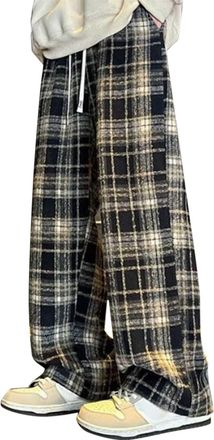 Generic Mens Checked Trousers Fleece Joggers Casual Plaid Print Tracksuit Bottoms Loose Straight Drawstring Sports Athletic Golf Pant, Black, 3XL