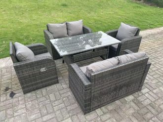Fimous 6 Seater Rattan Garden Furniture Set Reclining Chair 2 Seater Love Sofa Set Outdoor Rectangular Dining Table in Dark Grey