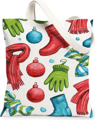 Generic Winter Accessories Canvas Tote Bags, Festive Holiday Patterns Reusable Grocery Bags, Lightweight Washable Shoulder Strap Ca, Red, 13x15 Inch