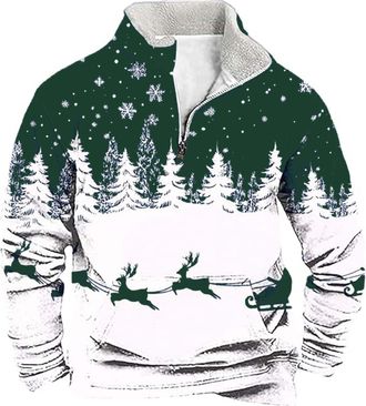 Generic Mens 1/4 Zip Christmas Sweatshirt Xmas Tree Pullover Ugly Christmas Jumper Long Sleeve Sweater Fleece Stand Collar Sweatshirts Reindeer Snowflakes Pri