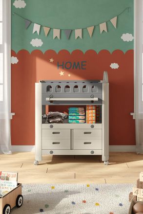 H&O Direct Mobile Baby Diaper Changing Table with 4 Drawers & Storage Shelf in Grey
