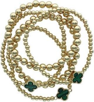 Olivia Welles Set of 5 Clover Beaded Stackable Bracelets in Gold /Green at Nordstrom Rack