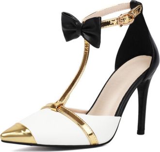 Generic Women Pointed Toe High Heels Purple White Gold Trim Bow Ankle Strap Buckle Closure T-Strap Court Shoes Slingback Stiletto Heel Fashion Dress Shoes,Whi