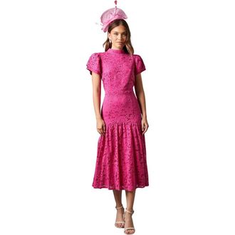 Coast Lace Frill Sleeve High Neck Midi Dress in Pink at Nordstrom, Size 14