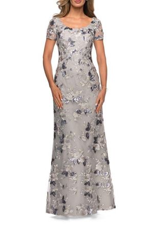 La Femme Floral Short Sleeve Formal Dress with Scoop Neck in Silver at Nordstrom, Size 10