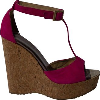 Jimmy Choo London T-Bar Peep Toe Wedge in Pink Suede