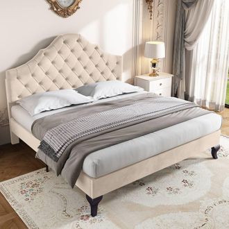 Merax 4ft6 Double Velvet Upholstered Bed Frame with Adjustable Headboard in Beige