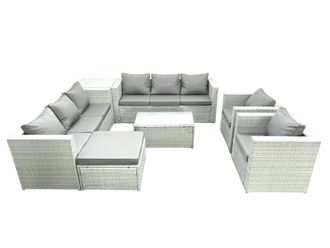 Fimous Outdoor Rattan Sofa Garden Furniture Set with 2 Armchairs Oblong Coffee Table Big Footstool Side Table Light Grey Mixed