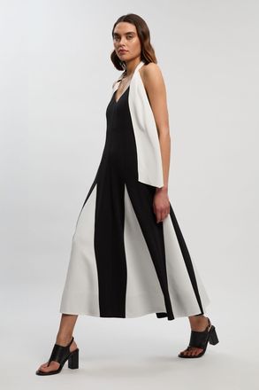 Karen Millen Womens Soft Tailored Colour Block Detail Halter Neck Maxi Dress - Monochrome Multi - Size 16 UK