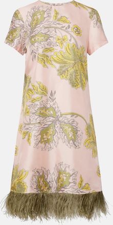 La DoubleJ Swing feather-trimmed floral silk twill minidress