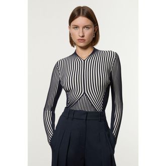 Karen Millen Stripe Fitted Long Sleeve Knitted Top in Navy at Nordstrom, Size X-Small