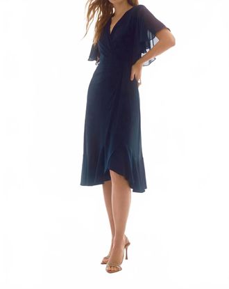 Joseph Ribkoff V-Neck Flutter Sleeve Faux Wrap Midi Dress In Midnight Blue