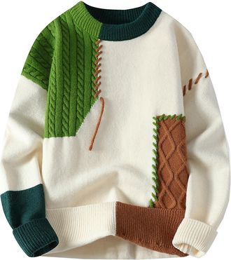 Generic Mens Stylish Patchwork Sweaters Loose Fit Crewneck Color Block Cable Knit Pullovers Long Sleeve Jumper Tops(Green,Large)