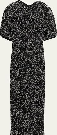 Lela Rose Floral Lace Puff-Sleeve Midi Sheath Dress