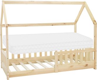 ML Design Ml-design Cama Infantil Casa Natural 80x160 Cm De Madera De Pino Con Colch&oacute;n De Espuma Fr&iacute;a, Protecci&oacute;n Antica&iacute;da Y Techo, Somier De Listones, Cuna De
