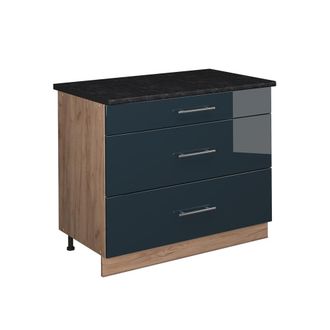 Vicco Mueble Bajo De Cocina Fame-line, Azul Oscuro Alto Brillo/roble Dorado, 100 Cm, Et Antracita, Vicco
