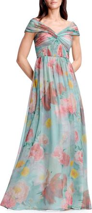 Dress The Population Xyla Floral Off the Shoulder Gown in Mint Multi at Nordstrom, Size Xx-Large