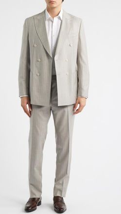 BOSS Huge Slim Fit Grey Pinstripe Double Breasted Virgin Wool Suit in Open White at Nordstrom, Size 36 Regular
