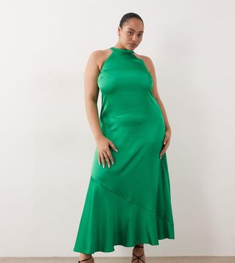 Vila VILA Curve - Vestito lungo elegante allacciato al collo in raso color verde acceso