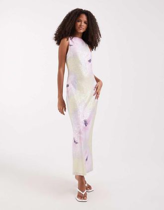 Pretty Lavish Vestito giallo limone con stampa a fiori effetto acquerello, paillettes e gonna al polpaccio