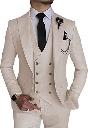 Generic Slim Fit 3 Piece Suit for Men Beige Homecoming Suit