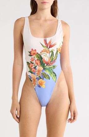 Farm Rio Hilo Floral One-Piece Swimsuit in Hilo Stripes Light Blue at Nordstrom, Size X-Small