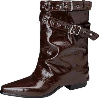 Generic Womens Mid Calf Boots Pointed Toe High Block Heel Slip On With Metal Decoration For A Chic Modern Statement