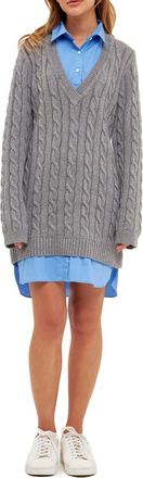 English Factory Mixed Media Cable Stitch Long Sleeve Sweater Dress in Grey/Oxford Blue at Nordstrom, Size Medium